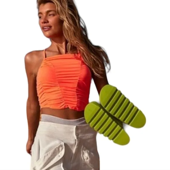 Free People FP MOVEMENT Shirr Enough Tank Top Ruched Neon Coral Size Lar… - Picture 2 of 12